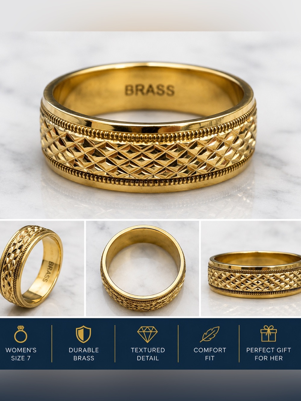 Women’s Brass Textured Band Ring Size 7 Gold Tone Wide Statement Ring